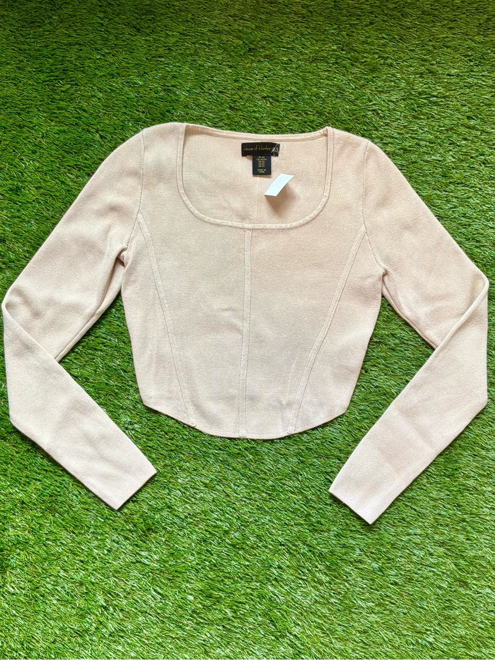 House of Harlow Ribbed Long Sleeve Crop Top XS Beige